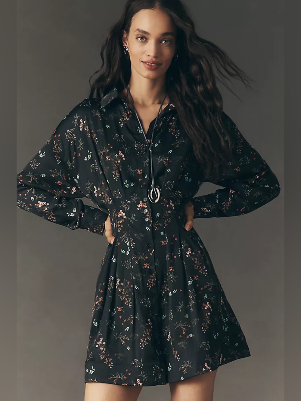 NWT Anthropologie Exquise The Tobie Satin Black Floral Mini Shirt Dress XL